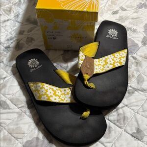 Yellow Box Black Sandals with Yellow Floral Straps